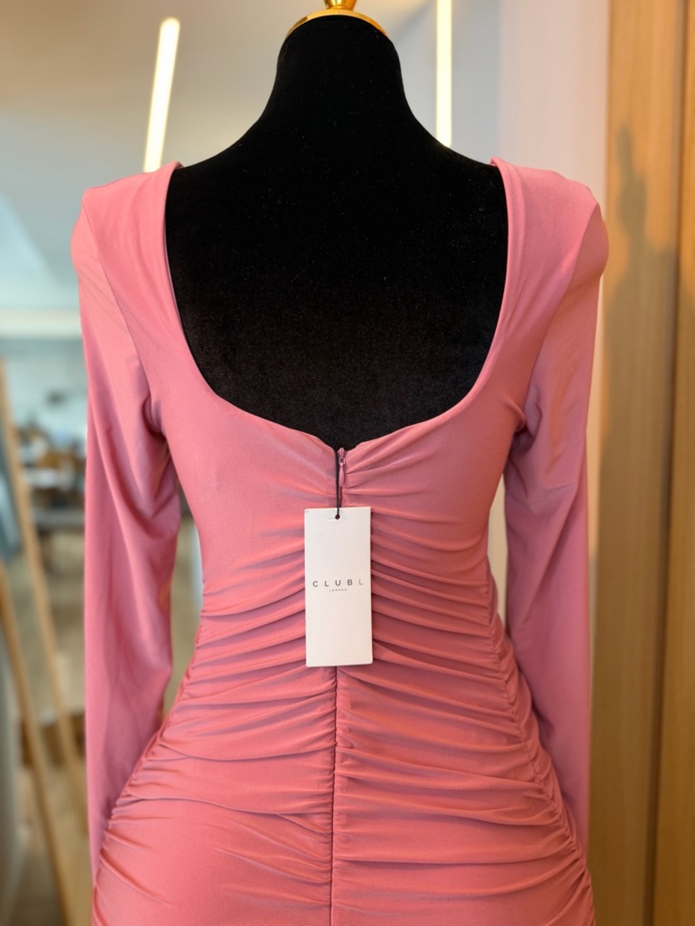 Club London Rose Pink Ruched Long Sleeve Mini Dress | Sculpted Muse - Picture 6 of 6